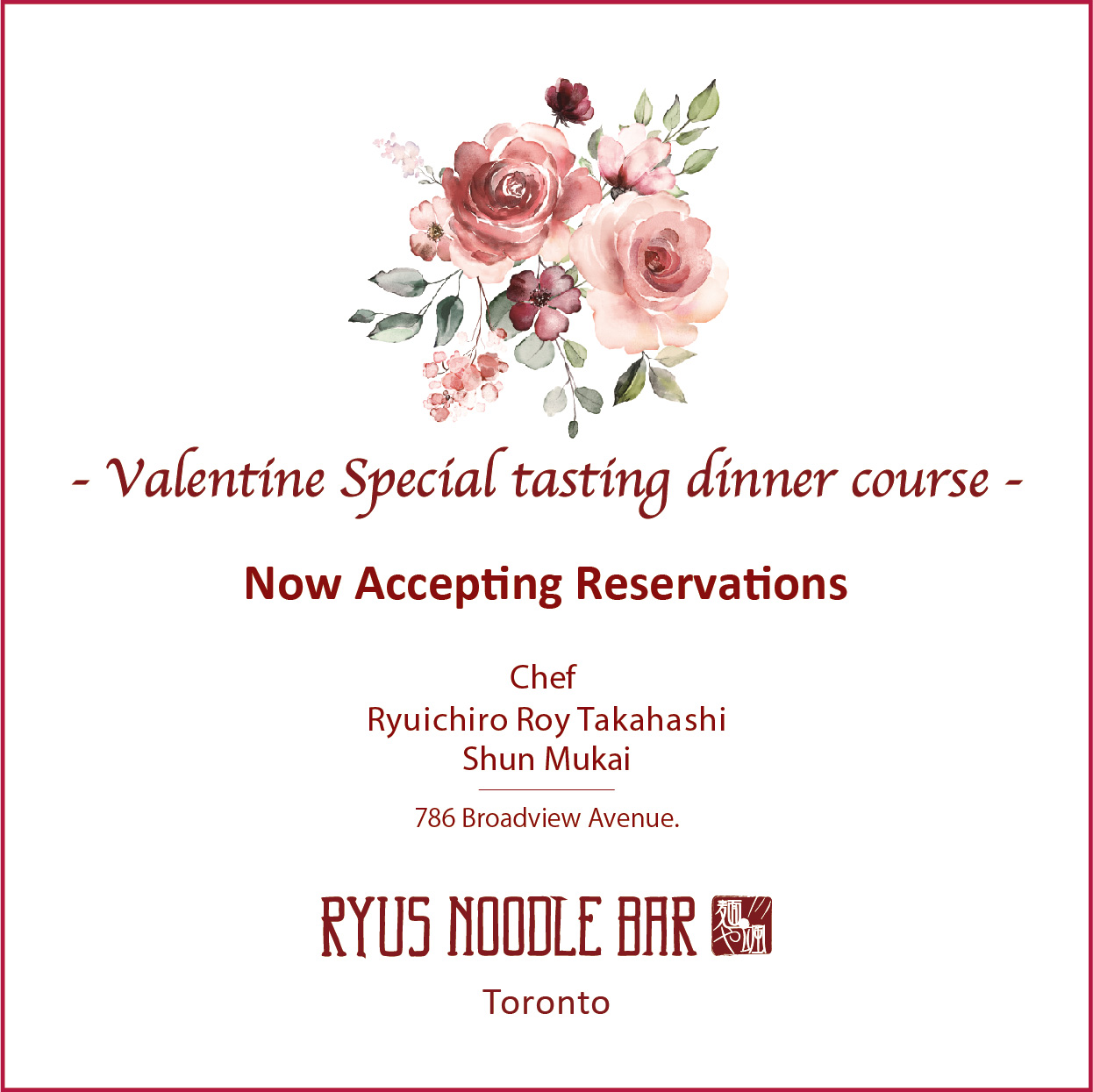 [Reservations] Valentine Special tasting dinner course – RYUS Noodle Bar at Broadview
